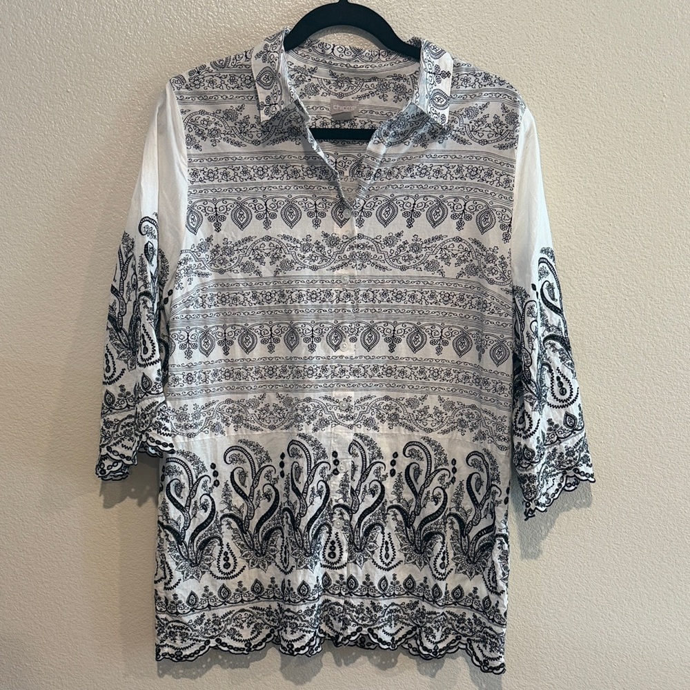 Chico's White and Black Paisley Button-Front Tunic